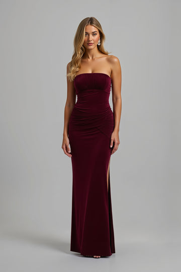 Strapless Burgundy Mermaid Velvet Formal Dress